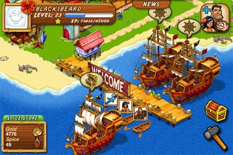 Adventure Bay gameplay, a pirate harbor with moored ships, docks, and an island settlement