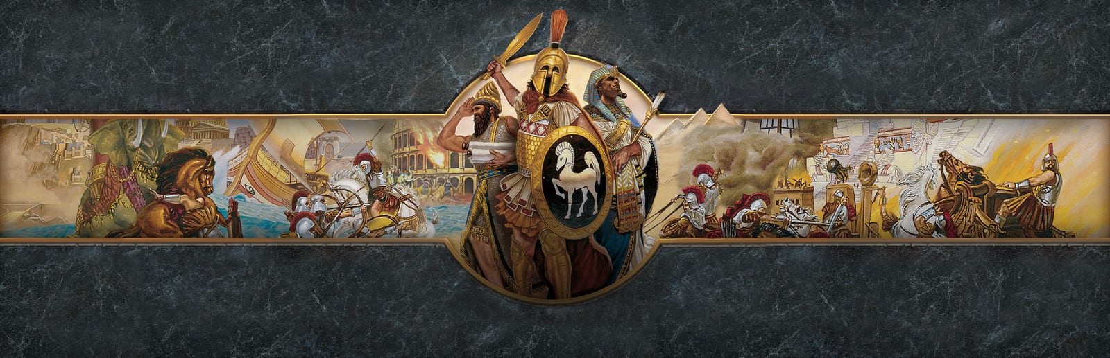 Age of Empires key art: Greek, Babylonian, and Egyptian warriors above a frieze of ancient battles