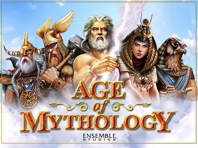 Age of Mythology cover art: Norse, Greek, and Egyptian gods lined up above the game logo