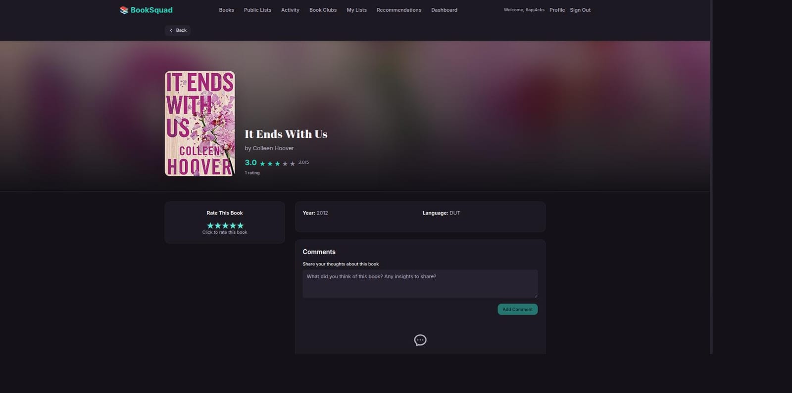 A book detail page with cover art, star rating, and comments over a soft ambient backdrop