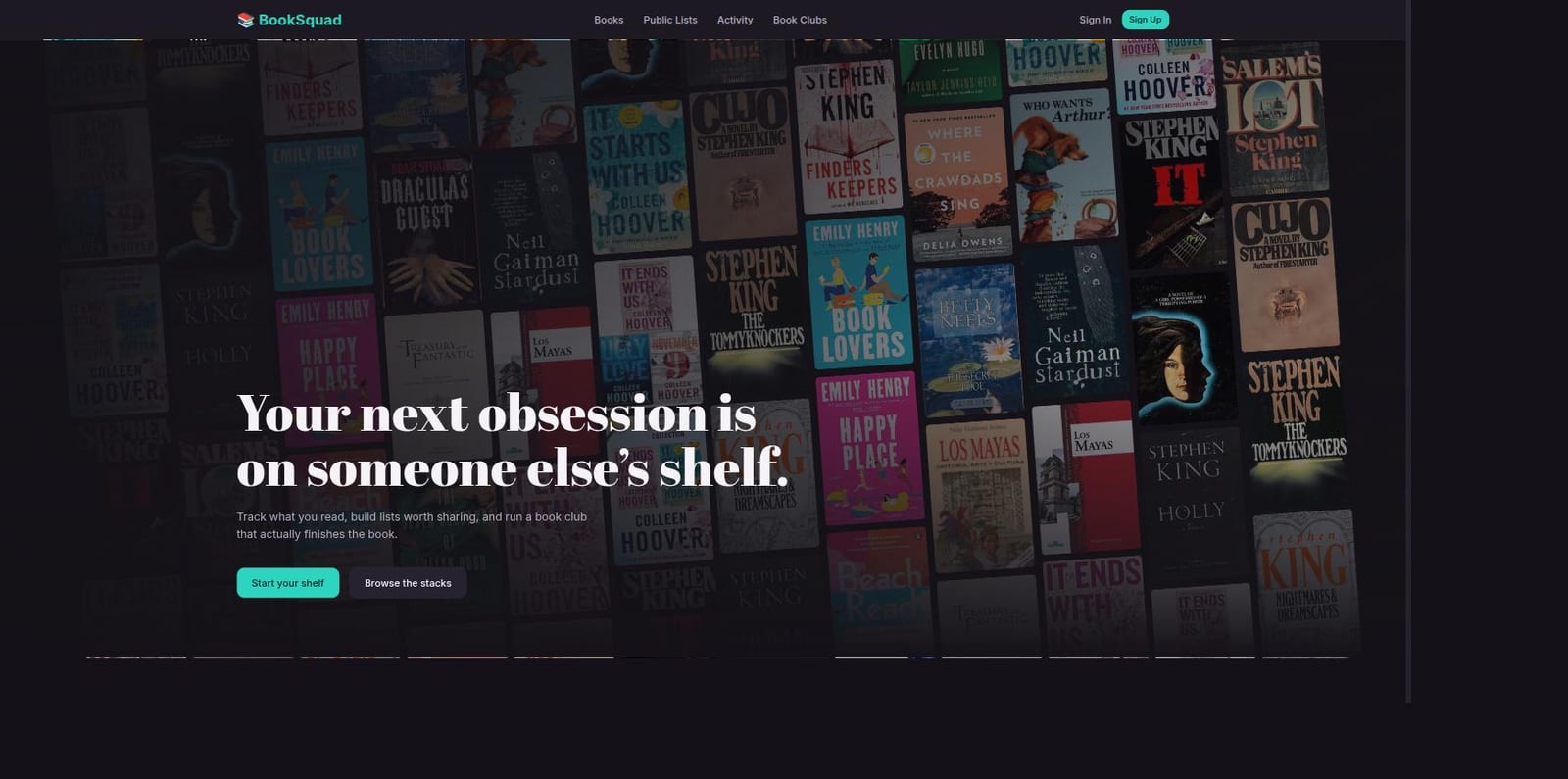 The BookSquad landing page: a wall of book covers behind the headline 'Your next obsession is on someone else's shelf'
