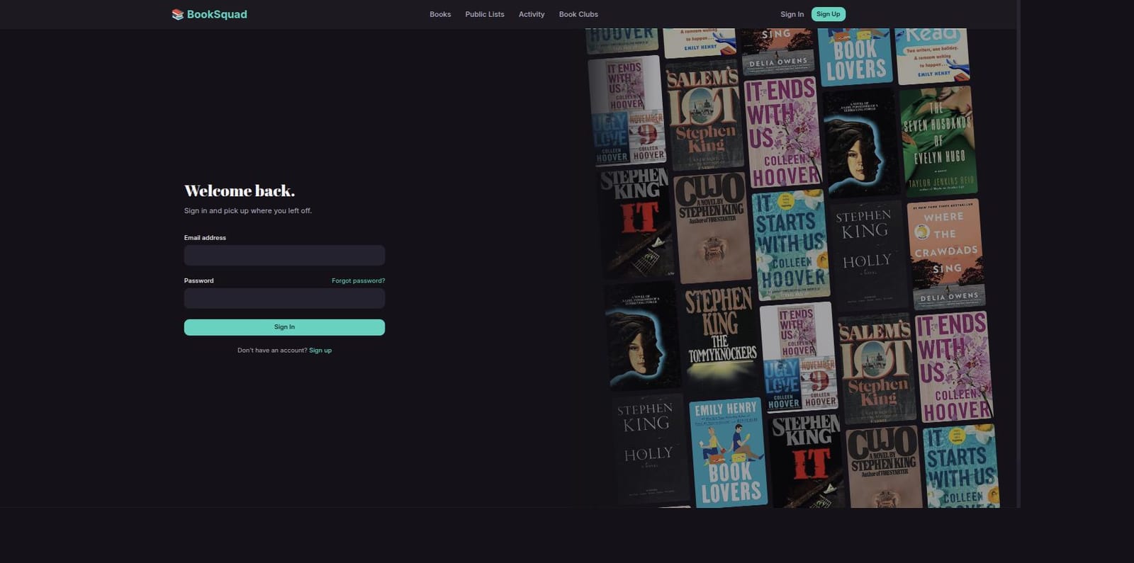 The sign-in page: a welcome-back form beside a collage of book covers