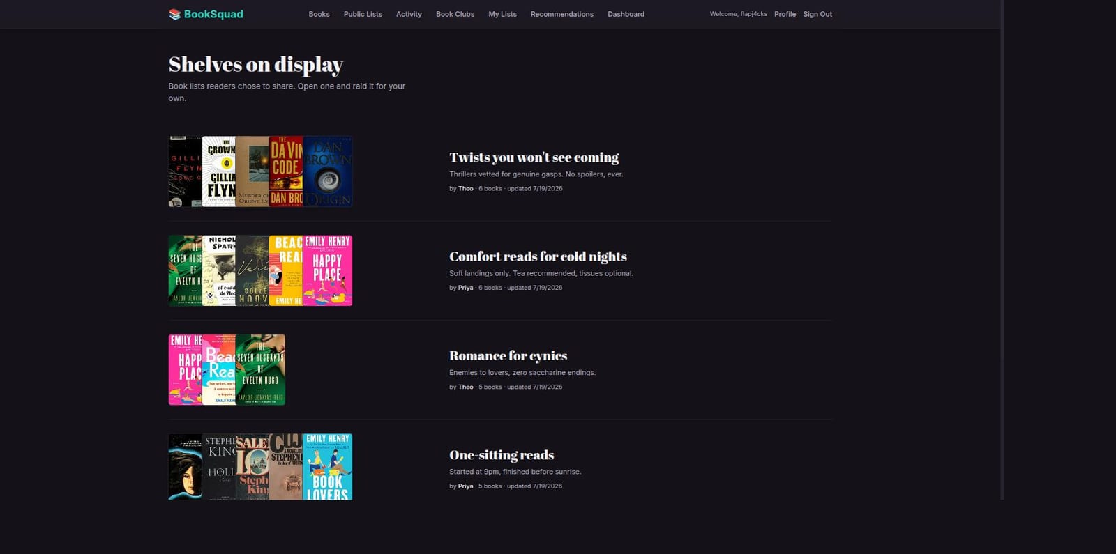 Shelves on display: reader-shared book lists, each previewed as a fanned stack of covers