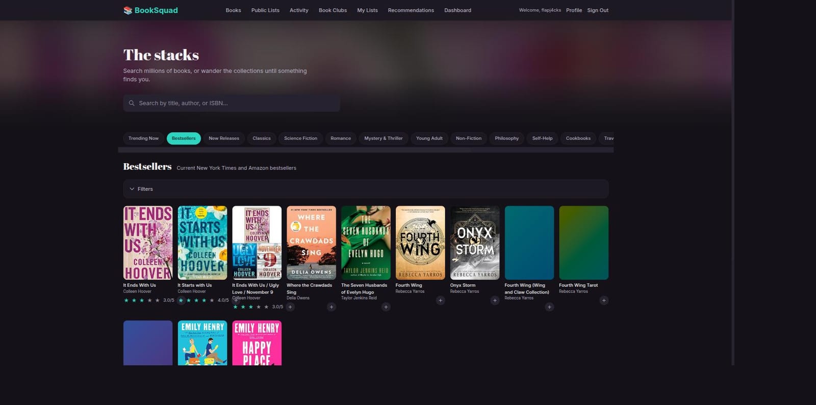 The stacks: search millions of books by title, author, or ISBN, with genre tabs and a grid of bestseller covers