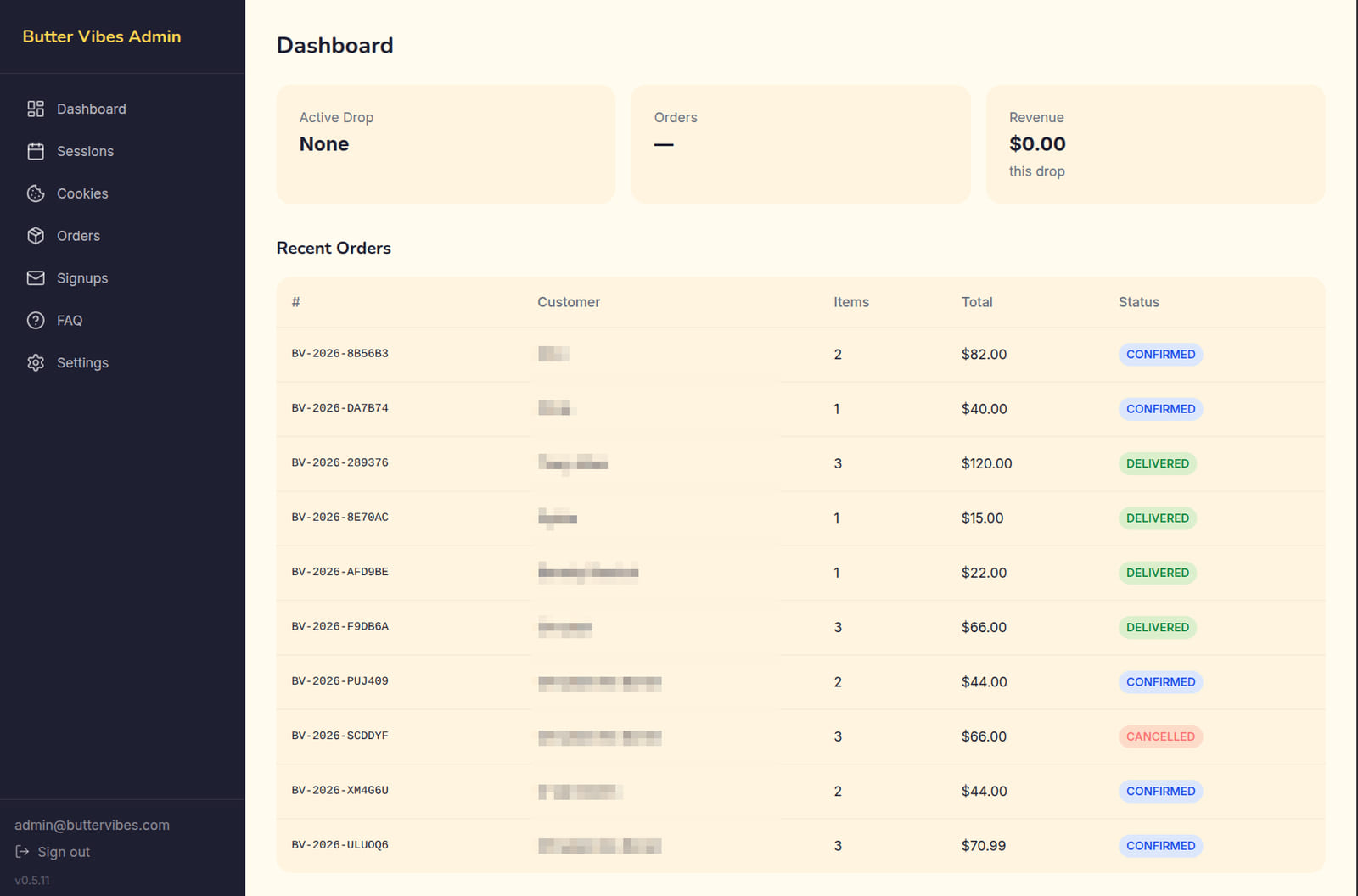 The admin dashboard: active-drop and revenue summary cards above a recent-orders table with per-order status