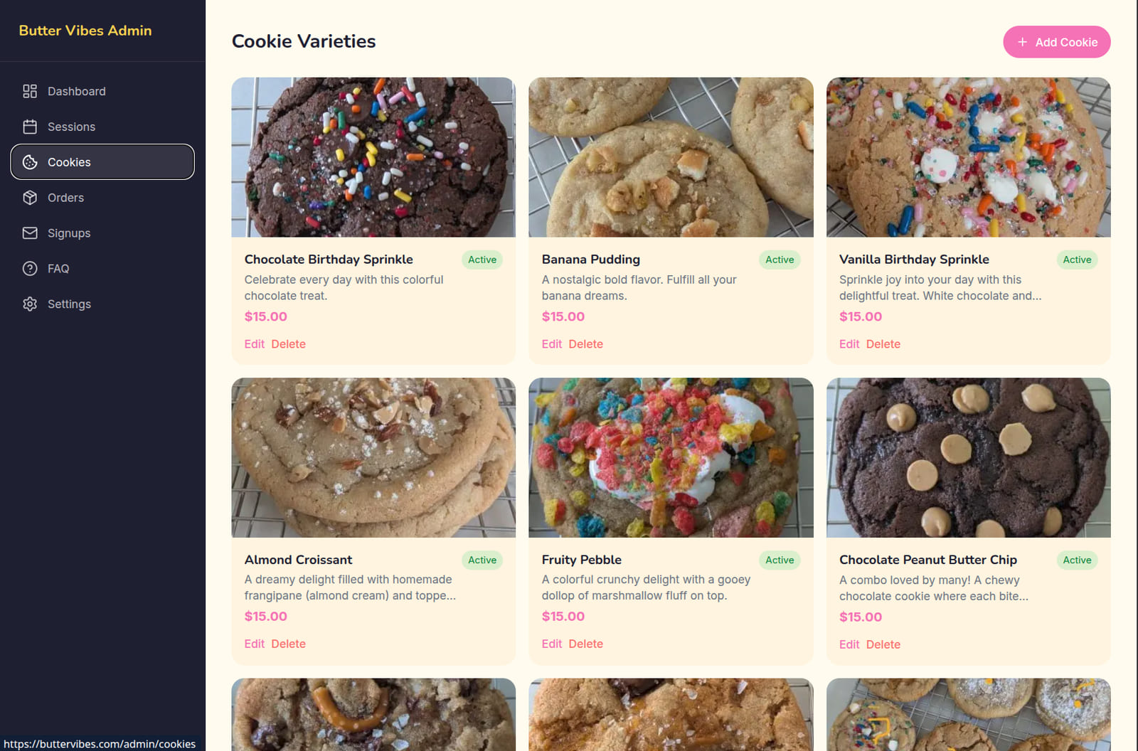 The Cookie Varieties admin screen: a grid of cookie products, each with a photo, description, price, and active status