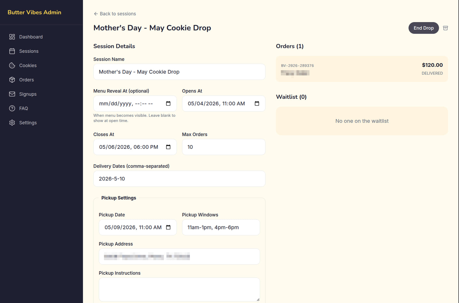 The drop editor: fields for open and close times, max orders, delivery dates, and pickup settings for a cookie drop