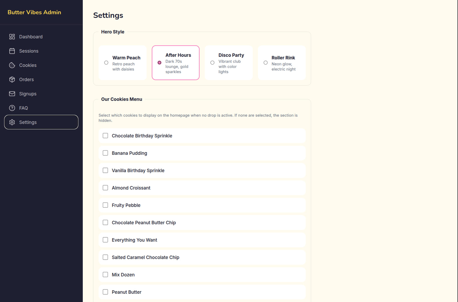 The settings screen: a hero-theme picker and checkboxes for which cookies show on the homepage