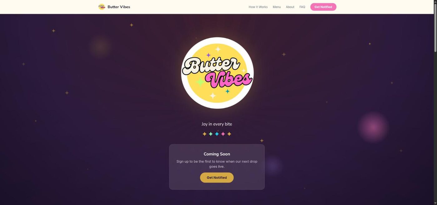 Butter Vibes landing page with handcrafted cookies