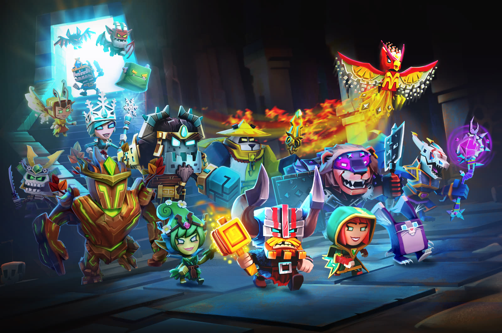 Dungeon Boss splash art — the hero roster
