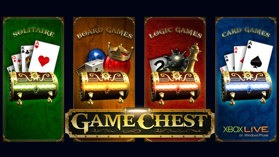 Game Chest key art, four chests for Solitaire, Board Games, Logic Games and Card Games under the Xbox Live on Windows Phone lockup