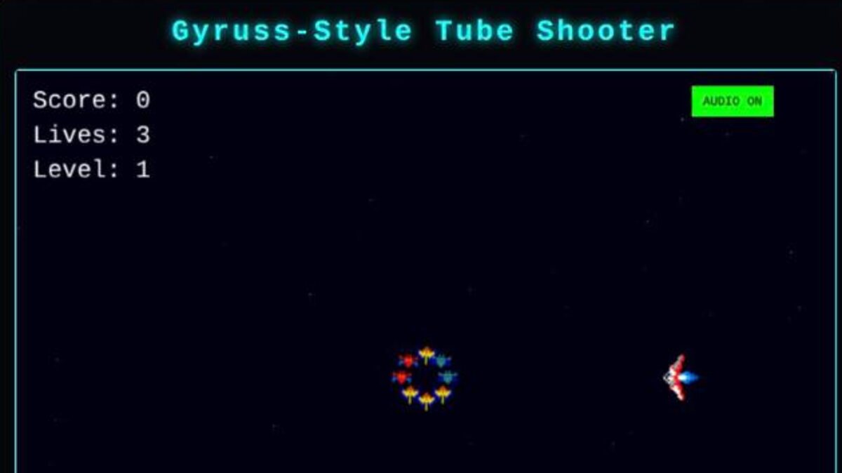 Gyruss-style tube shooter with the player ship and an enemy formation over a starfield