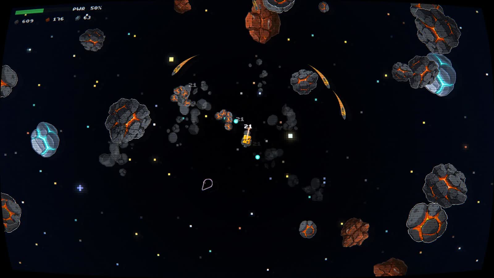 Belter gameplay — a lone mining ship amid glowing lava-cracked asteroids
