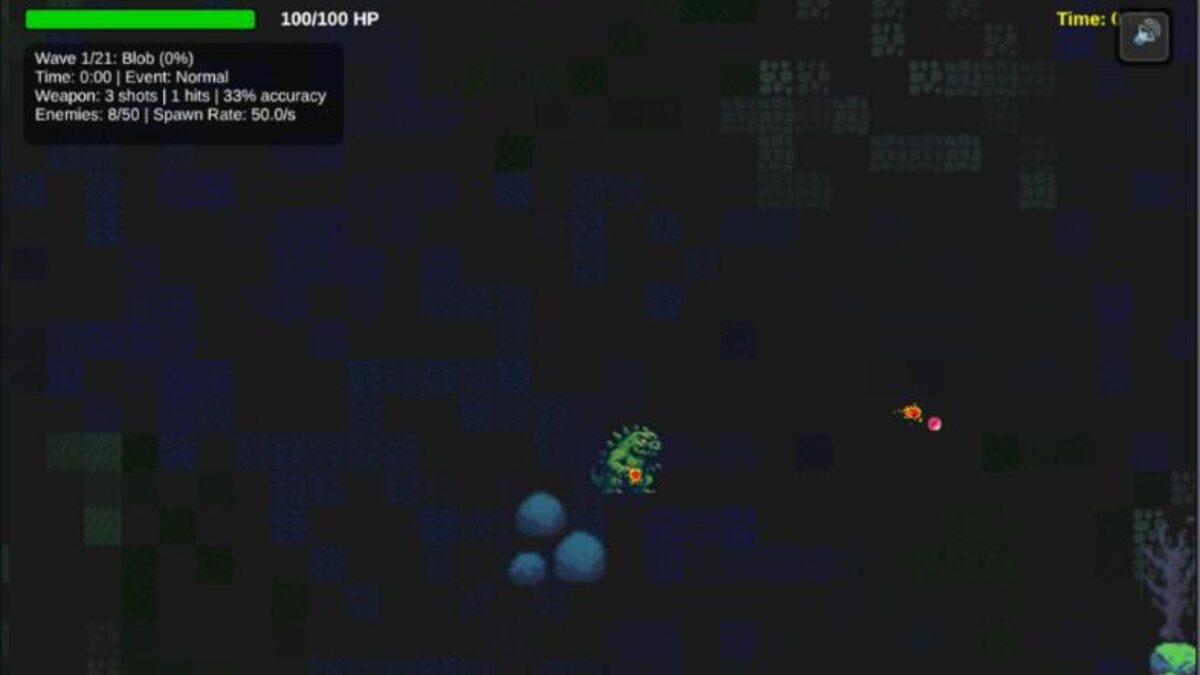 Survivorlike arena in MOMsters with the player surrounded by enemies