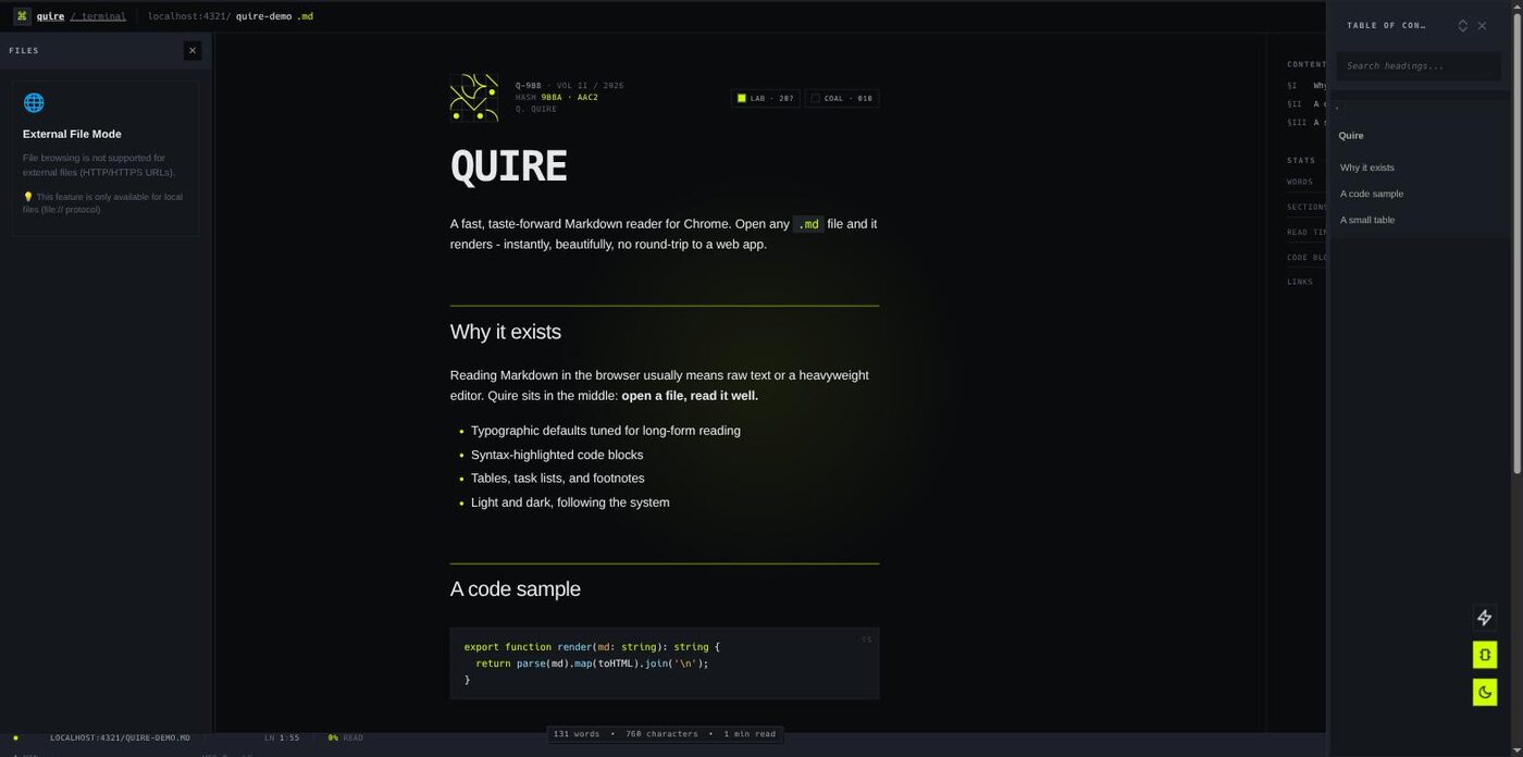 The Quire Markdown reader rendering a document in Chrome