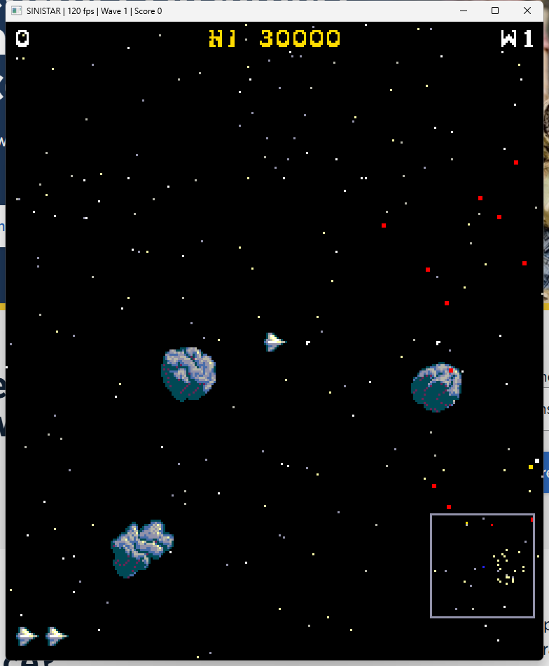 Sinistar recreation gameplay — ROM-accurate sprites in deep space