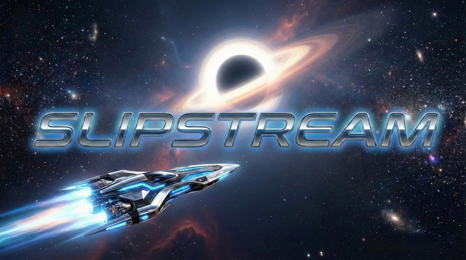 Slipstream key art, a chrome starship streaking past a black hole
