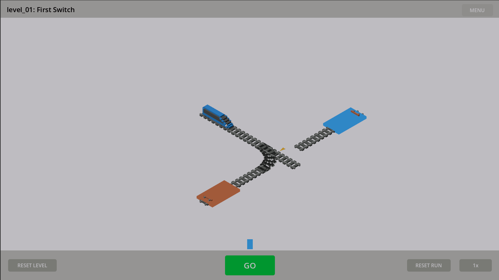 Switchyard level 1, First Switch: a blue voxel train at a Y-switch with track leading to a blue platform and an orange platform, GO button below
