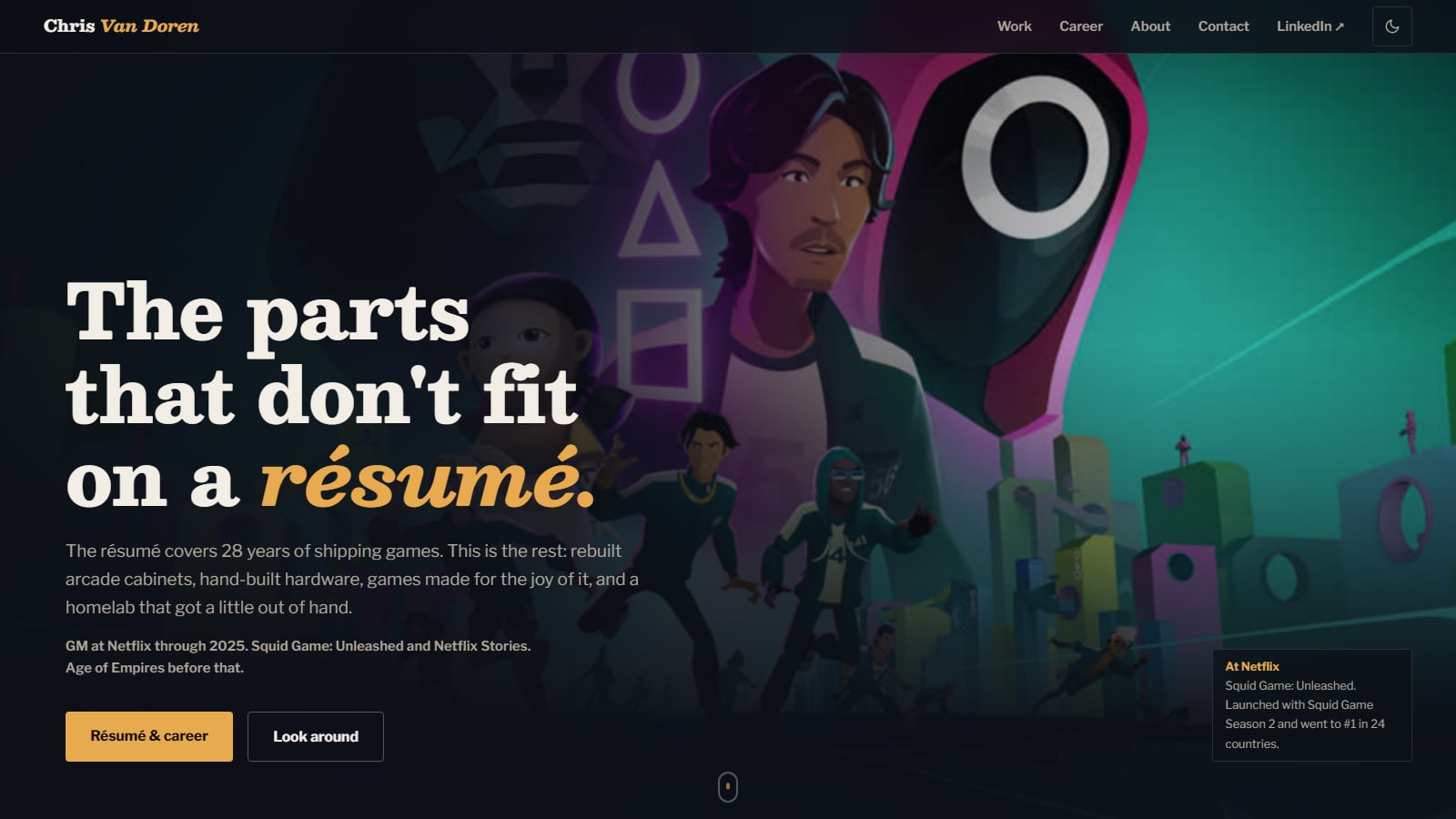 This site's homepage: Squid Game: Unleashed key art behind the headline, with the At Netflix spotlight plate