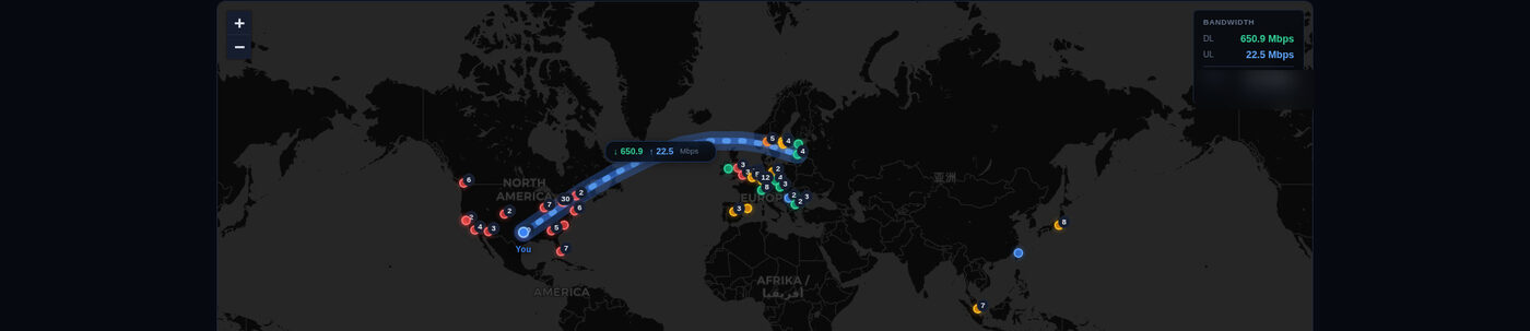 Interactive world map with a live connection arc and bandwidth readout