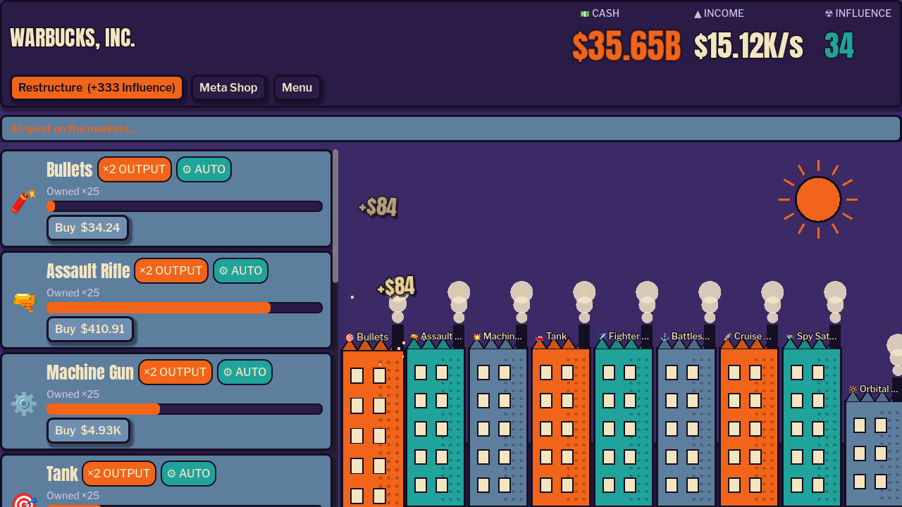 Warbucks, Inc. gameplay — cartoon war-room production lines