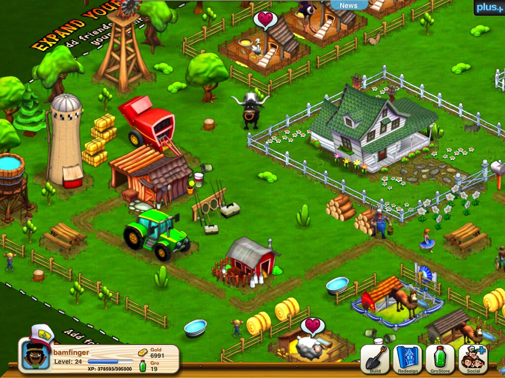 We Farm gameplay on iPad, an isometric farm with barns, tractor, and livestock pens