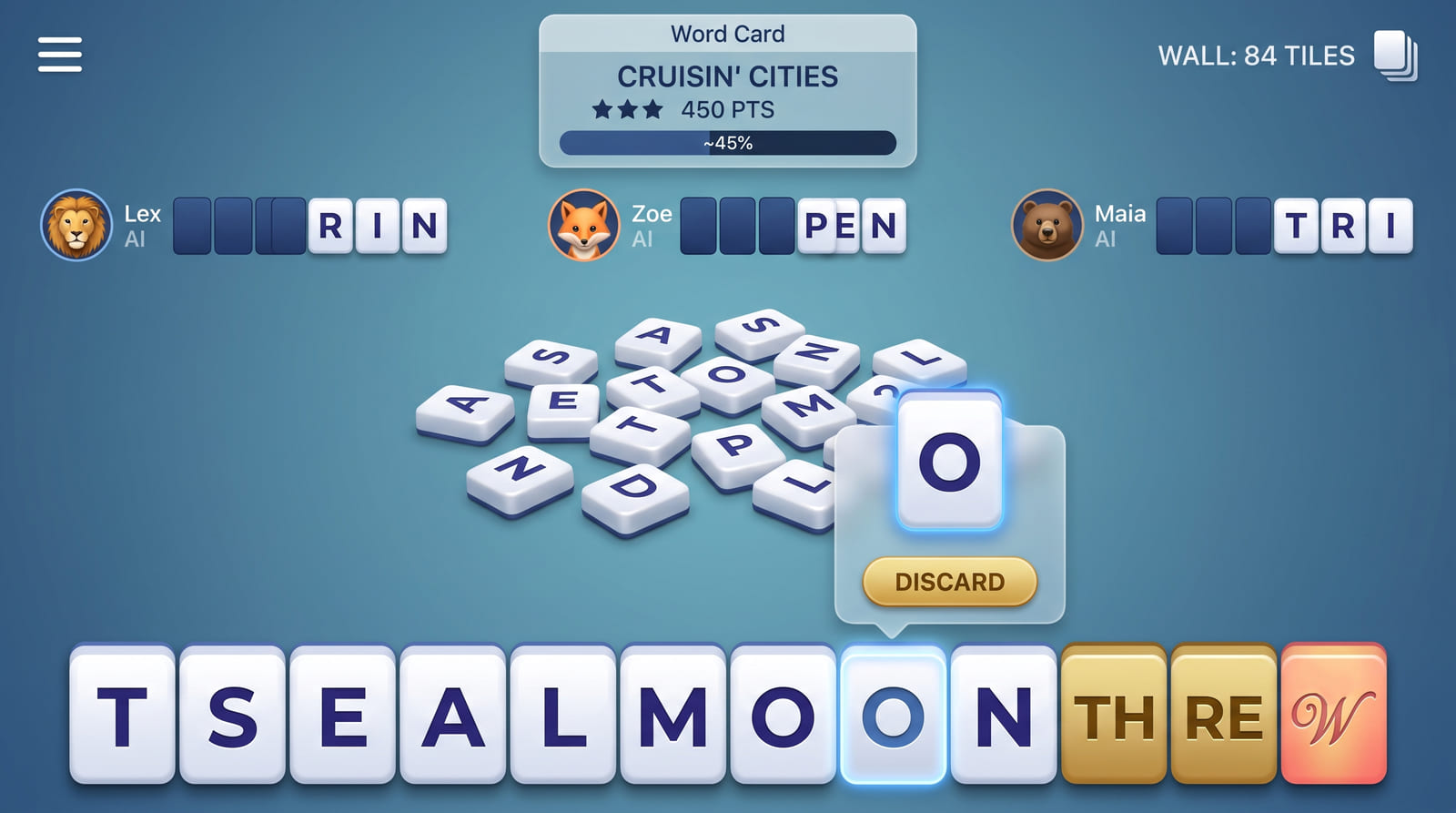 Word Jongg gameplay: a word-mahjong match against AI opponents, each building words from racks of lettered tiles, with a central tile pool, a word-card goal, and a discard action